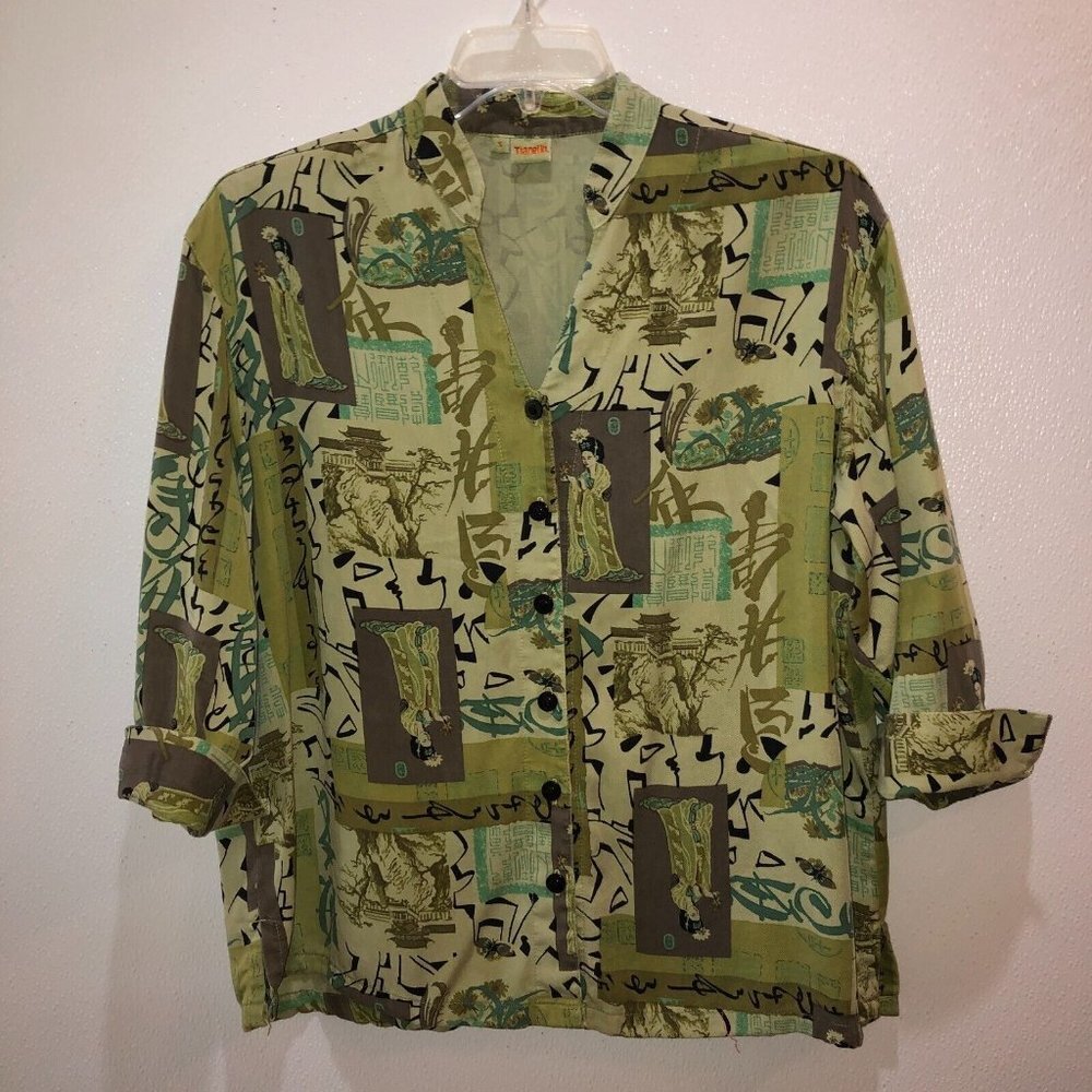 Tianello Artistic Green Patterned Button Down Shi… - image 3